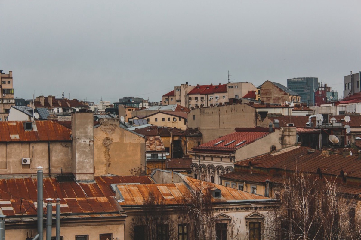 Rooftops of old Bucharest under a grey sky