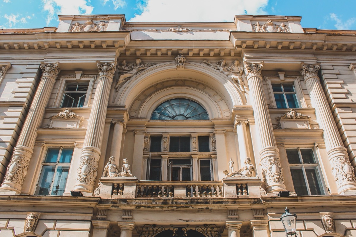 The facade of a historic building in Bucharest
